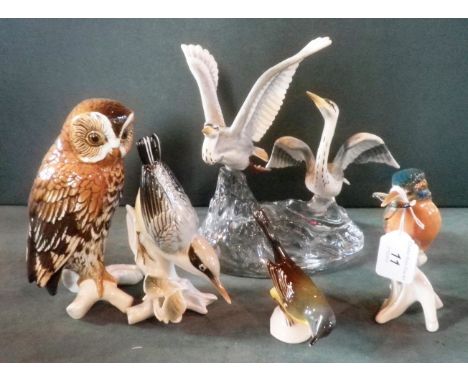 An Ens porcelain tawny owl, together with kingfisher, a Goebel yellow wagtail, a porcelain group of two cranes on a moulded g