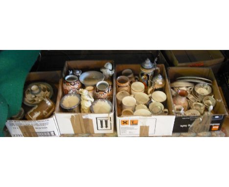 Four small boxes of various decorative items, including reproduction German beer steins, a Denby lidded casserole dish, Edwar