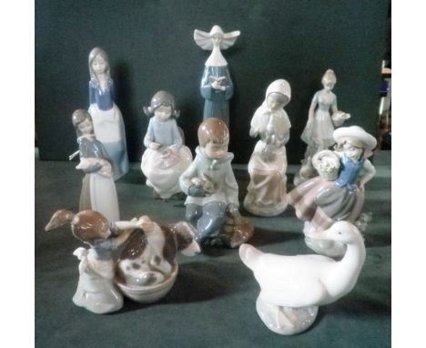 Ten Lladro, Nao and other similar figures, various, including nun, seated boy with rabbit, young girl with needlework, girl w