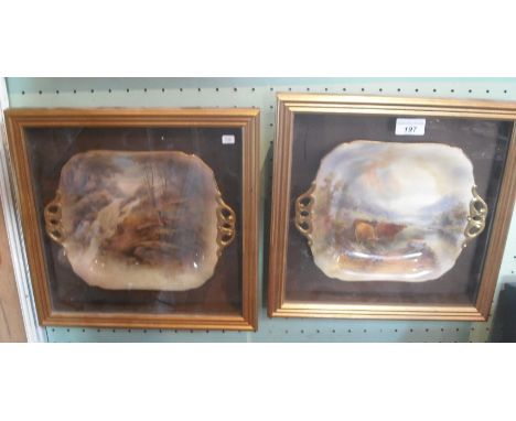 Stinton, two Royal Worcester twin handled cake plates, one decorated with Highland cattle in a landscape, the other with phea