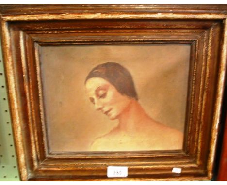 Early 20th century European school, head and shoulders portrait of a ballerina, oil on canvas, 22 x 26cm in wood moulded fram