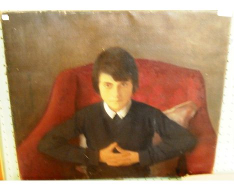 J Ward, half-length portrait of a seated boy with clasped hands, in a red armchair.  Oil on  canvas, signed, 51 x 61cm unfram