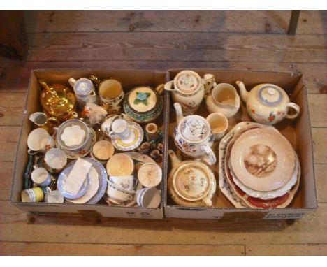 Two boxes of decorative ceramics, including a Booths Dovedale coffee pot, cabinet cups and saucers, part-tea services and oth