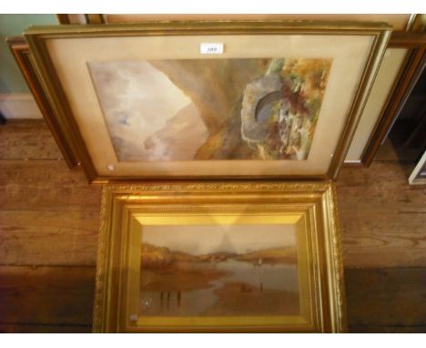 R F Watts, Norfolk Broads landscape with idle mill and red slate roofed cottages, watercolour, signed and dated 1992, togethe