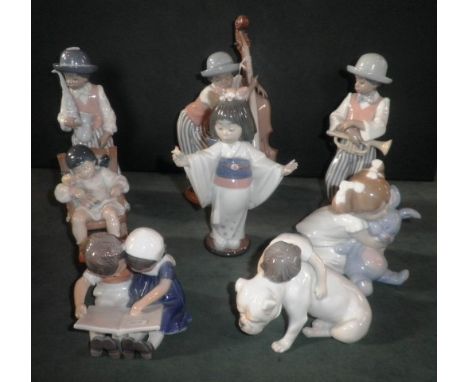 A Lladro three piece musician band, together with a Lladro figure of a young Japanese girl, a Nao group of a young girl with 