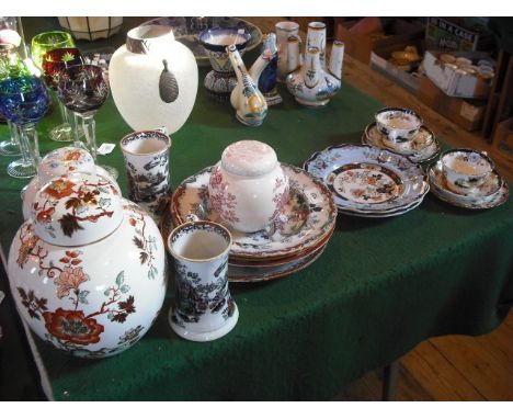 A pair of late 19th century Ashworth ironstone dishes, each transfer decorated in the Oriental manner, together with four oth