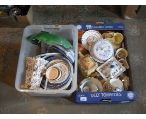 Two boxes of various ceramics, including a Continental leaf moulded dish, cottageware part-tea service, blue and white transf