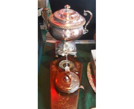 A copper samovar of traditional form, together with a leather cased Chesterman tape measure and a French aneroid barometer in