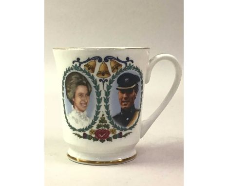 COLLECTION OF CERAMIC MUGS, COMMEMORATIVE AND OTHERS including a Wedgwood example commemorating 25th wedding anniversary of Q