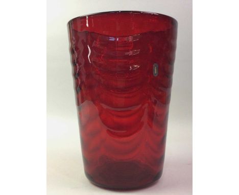 SCANDINAVIAN GLASS VASE, ALONG WITH A RUBY GLASS VASE AND OTHER GLASS WARE the clear ovoid vase with white enamel line decora