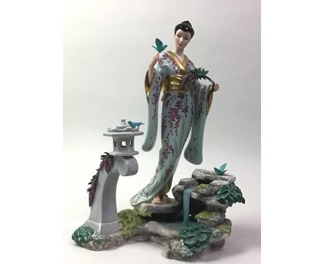 TWO FRANKLIN MINT FIGURES OF GEISHA, ALONG WITH TWO FURTHER FIGURES  the first modelled in a garden setting, the second servi