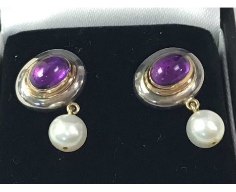 PAIR OF SILVER NEAR MATCHING EARRINGS, amethyst and pearl