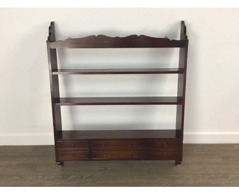 MAHOGANY HANGING WALL SHELF, with open shelves above six drawers92cm x 77cm 