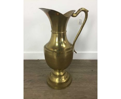 LARGE BRASS JUG, ALONG WITH OTHER BRASSWARE  including vases and scales, also a barometerjug 53cm high
