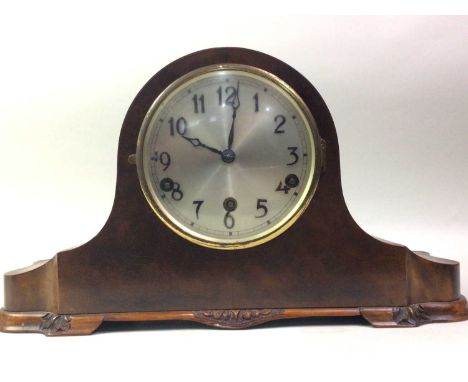WALNUT MANTEL CLOCK, the cicrular dial with black Arabic numerals24cm high