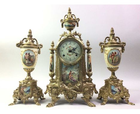 GERMAN CLOCK GARNITURE, 20TH CENTURY in the style of a Victorian set, cased in brass with panels depicting figures in garden 