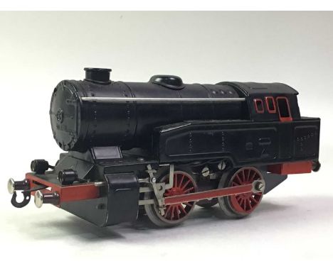 WEST GERMAN O GUAGE TIN PLATE TRAIN SET, comprising locomotive, two carriages, track, platform and waiting room in associated