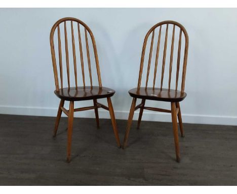 FOUR ELM AND BEECH STICK BACK CHAIRS, with shaped wooden seats on turned legsQty: 4