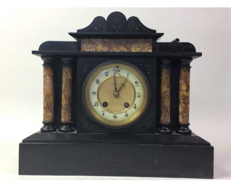 VICTORIAN BLACK SLATE MANTEL CLOCK, with circular dial and Arabic numerals30cm high
