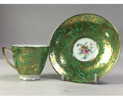 MINTON 'BROCADE' COFFEE SERVICE, MID 20TH CENTURY  comprising six cups and six saucers, with foral reserves within green and 