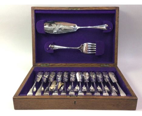SET OF PLATED FISH KNIVES AND FORKS, WITH SERVERS, IN A FITTED OAK CASE comprising twelve knives and twelve forks, also a ser