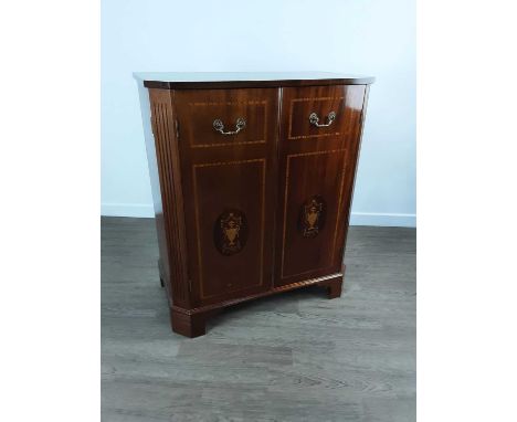 INLAID MAHOGANY TWO DOOR CABINET, with lift lid top, on bracket feet100cm x 87cm