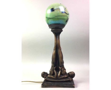 BRONZED RESIN FIGURAL TABLE LAMP OF ART DECO DESIGN, with iridedcent glass shade in the manner of John Ditchfield over a colu