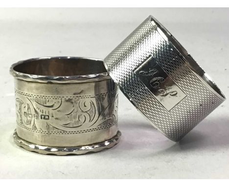 COMPOSITE SET OF SEVEN SILVER NAPKIN RINGS, AND OTHER ITEMS  various makers and assays, along with two silver plated soup lad