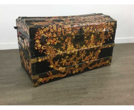 VINTAGE CABIN TRUNK, decorated with scraps94cm wide