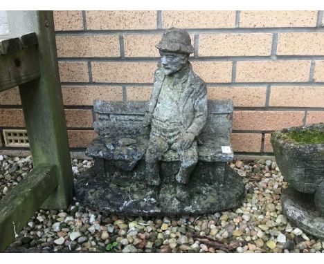 PAIR OF COMPOSITE STONE STATUES, ALONG WITH TWO COMPOSITE STONE PLANT POTS the statues comprising a man on a bench and a woma