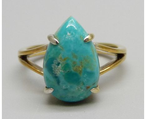 A silver gilt, pear shaped cochise turquoise ring with certificate