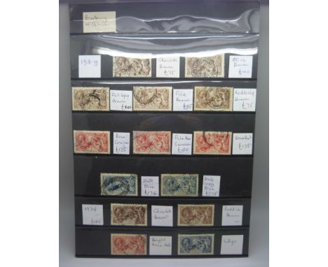Stamps; a selection of Bradbury Wilkinson seahorses on stock card, 1918 and 1934 issues 