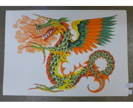 An original lithographic dragon print from 1970's, printed on high quality linen back paper, ideal for framing (A2 size) 