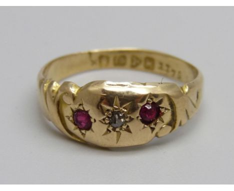 An Edward VII 18ct gold, garnet and diamond ring, Chester 1910, 2.2g, P