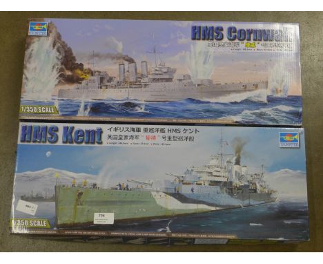 Two 1/350 scale model ship kits - HMS Kent and HMS Cornwall 