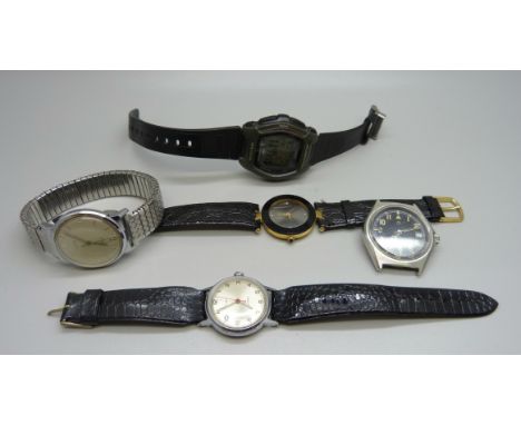 Five wristwatches including Casio and Timex Electric 