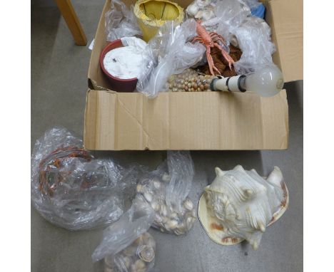 A box of assorted shells including shell covered table lamp and a large conch shell **PLEASE NOTE THIS LOT IS NOT ELIGIBLE FO