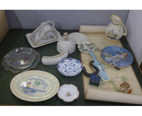 A collection of mixed china including Beatrix Potter 'Old Mr Brown' figure, and a Chinese print 