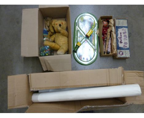 A Pelham puppet, boxed, costume dolls, Teddy bears, marbles, tennis racquets, posters, etc. **PLEASE NOTE THIS LOT IS NOT ELI