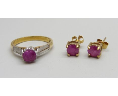 An 18ct gold and platinum set ruby ring and a pair of 9ct gold and ruby earrings, ring 2.8g, J, (ring stone glued in) 