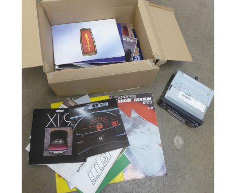 A box of vintage car brochures, 1960's onwards and a Pioneer DEH-6200BT car CD/radio player **PLEASE NOTE THIS LOT IS NOT ELI