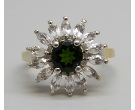 A 925 silver, chrome diopside and topaz cluster ring, with certificate, P 