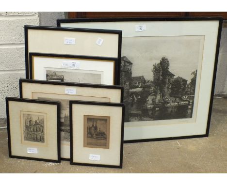 After Labo......., 'Henkersteg in Nurnberg', a framed etching, indistinctly signed in margin, 36 x 47.5cm, after Otto F Probs