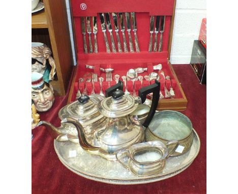 A Viners plated four-piece tea service, a plated tray, a copper bowl, a canteen of Spear & Jackson plated cutlery in fitted b