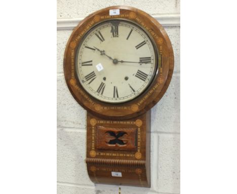 A late-19th century circular inlaid wood drop-dial striking clock, enamel dial a/f, 70cm.