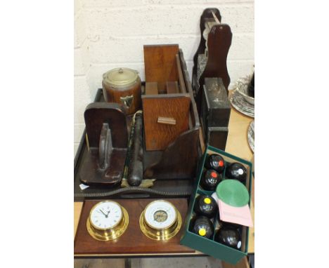 A wooden truncheon, a set of B&A carpet bowls, a modern two-bottle Tantalus and other wooden items.