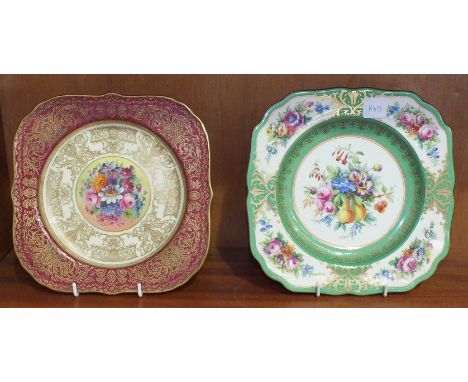 A Royal Worcester square-shaped cabinet plate, the centre painted by W Hale with flowers, within cream and gilded border and 