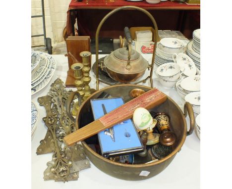An aneroid barometer in carved circular frame, 21cm diameter, a copper two-handled pan and other wooden items and metalware.