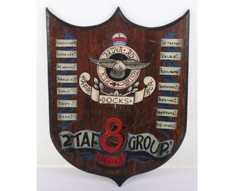 WW2 Royal Air Force No85 Group 2nd Tactical Air Force Plaque, interesting wooden shield plaque with finely painted Royal Air 