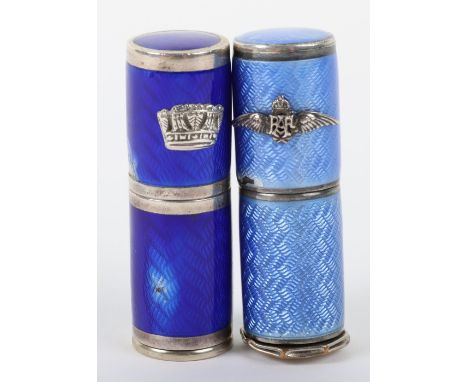 WW2 WAAF Lipstick Dispenser, fine blue guilloche enamel lipstick dispenser by Elizabeth Arden London. Silvered RAF pilots win